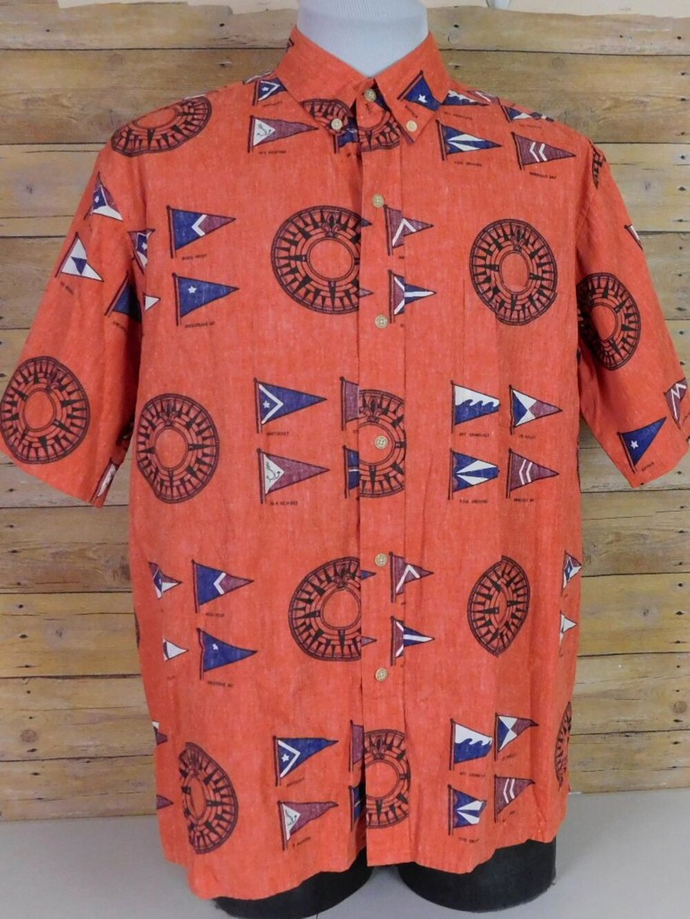 Reyn Spooner Hawaiian Shirt Mens XL Short Sleeve Cotton Nautical Flags Orange